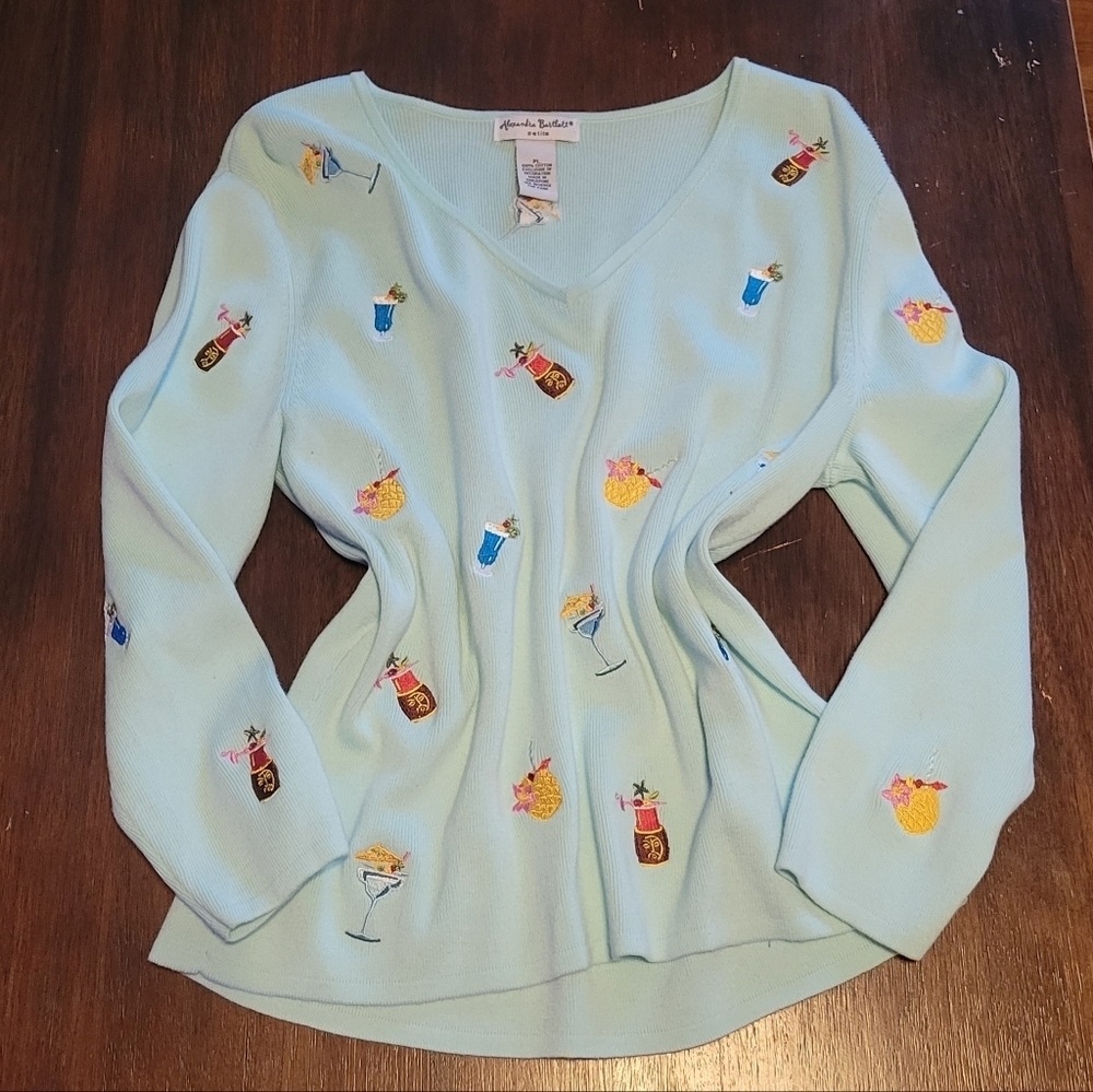 Vintage 90s Cocktail Embroidered Sweater Blue Cotton Novelty Bar Knit Martini LP - Picture 6 of 6
